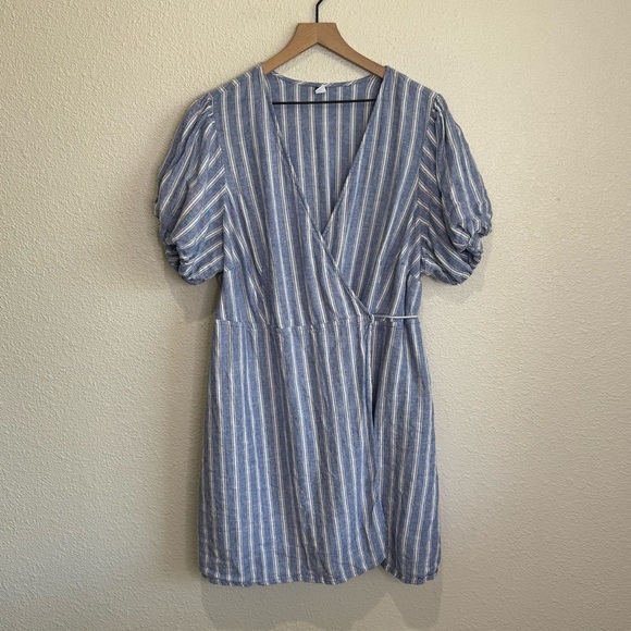 Old Navy Women's 3X Blue Striped Puff-Sleeve Mini Wrap Linen Dress Vacation Boho - Picture 1 of 7